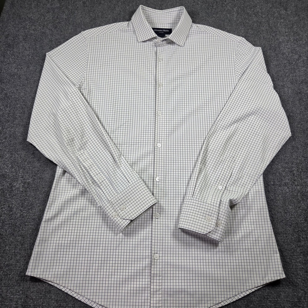 Mizzen+Main Leeward Dress Shirt Mens L Trim White Navy Mini Grid Performance